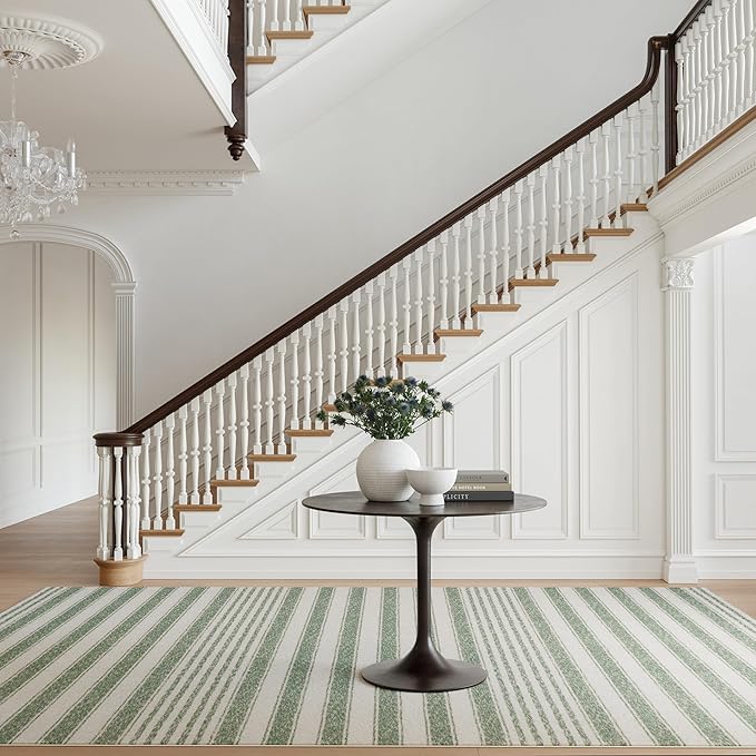 Dash & Albert Xaren Green Machine Washable Rug, 7.5 X 9.5 Feet, Green/Grey Stripe Pattern