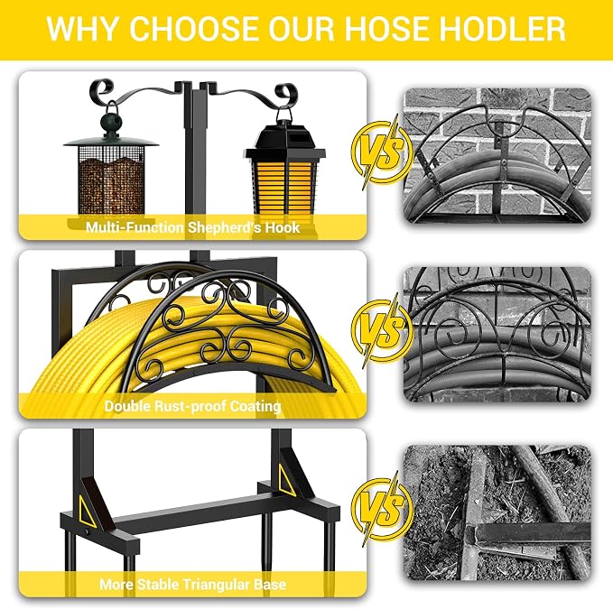 Garden Hose Holder with Shepherds Hooks - Freestanding Metal Water Hose Holder Stand Holds 150ft, Heavy Duty Garden Hoses Hanger Storage Rack for Outside Yard Lawn Farm