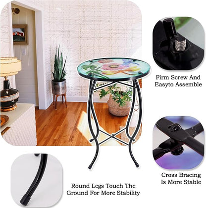 Dragonfly Patio Side Table, Small Patio Outdoor Side Table, Plant Table,Metal Glass End Table for Porch Garden Yard Pool.