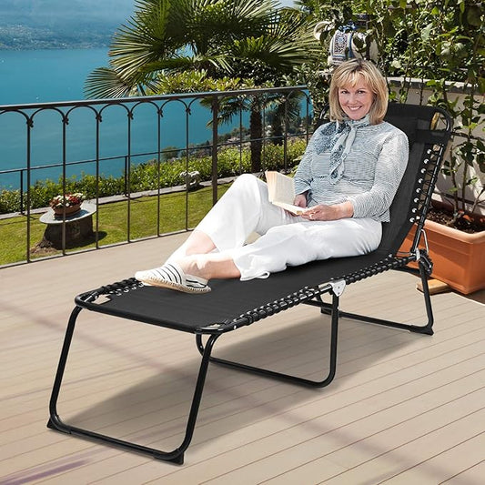 GYMAX Tanning Chair, Extra High Lounge Chair with Removable Pillow, Detachable Side Pocket & Adjustable Backrest, Folding Chaise Lounger for Sunbath, Layout Beach Chair for Indoor/Outdoor (2, Black)