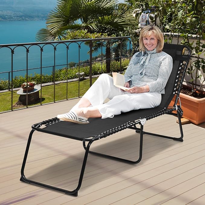 GYMAX Tanning Chair, Extra High Lounge Chair with Removable Pillow, Detachable Side Pocket & Adjustable Backrest, Folding Chaise Lounger for Sunbath, Layout Beach Chair for Indoor/Outdoor (1, Black)