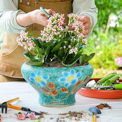 Sungmor 9.6 Inch Large Succulent Plant Pots, Pretty Hand Painted Ceramic Planter with Drainage, Indoor Outdoor Cactus Planter Bonsai Pot, Flower Pot for Indoor Plants Garden Windowsill Desktop Decor