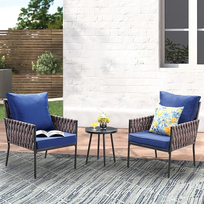 Patio Furniture Set, 3-Piece Wider Outdoor Metal Seating Sofa with High Back, Coffee Ta ble, All Weather Rattan Conversation for Garden,Backyard, Poolside-Navy