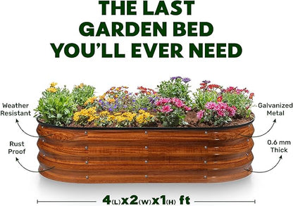 Plant & Plot Galvanized Raised Garden Beds Outdoor // 4×2×1 ft (2-Pack) Planter Raised Beds for Gardening, Vegetables, Flowers (Dark Wood Grain) // Large Metal Garden Box
