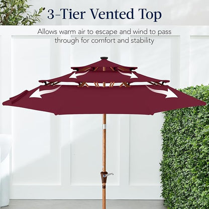 Best Choice Products 10ft 3-Tier Solar Patio Market Umbrella, Outdoor Sun Shade for Backyard, Deck, Poolside, Table w/Woodgrain Pattern, LED Lights, Tilt Adjustment - Burgundy