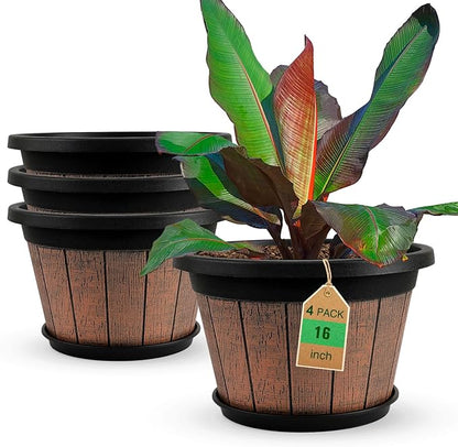 Quarut Large 4 Pack 16 inch Plant Pots,Whiskey Barrel Planters with Drainage Holes & Saucer,Plastic Decoration Flower Pots Retro Design,Planters for Outdoor Indoor Garden Balcony Plants (Brown)