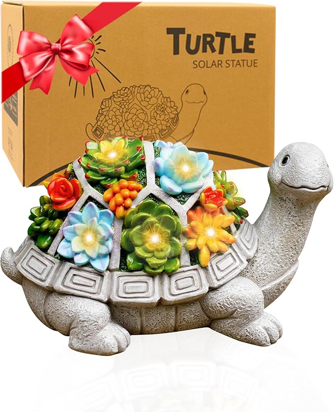 Solar Garden Turtle Statue - Turtle Decor with 7 Warming Solar LED Lights, Outdoor Decorations for Yard Patio Lawn & More, for Women, Moms, Birthdays