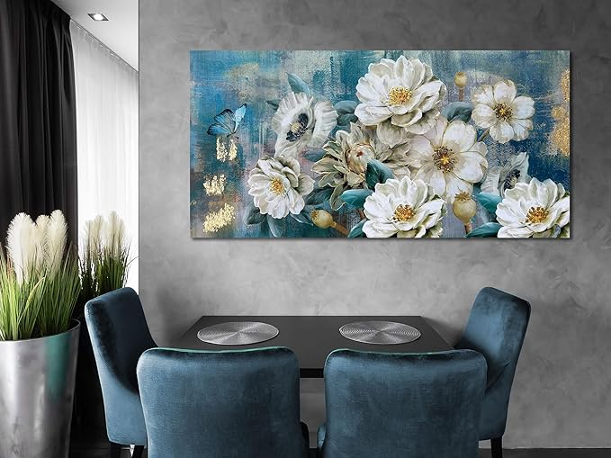Arjun Flower Canvas Wall Art for Bedroom White Elegant Teal Picture, Textured Floral Magnolia Aesthetic Painting Living Room Wall Decor Turquoise Large Artwork Dining Room Home Office 48"x24"