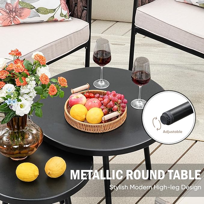 Patio Furniture Set, 3-Piece Wider Outdoor Metal Seating Sofa with High Back, Coffee Ta ble, All Weather Rattan Conversation for Garden,Backyard, Poolside-Beige
