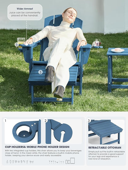 KINGYES Folding Adjustable Adirondack Chair with Retractable Ottoman, HDPE Reclining Adirondack Chair with Cup Holder, Blue