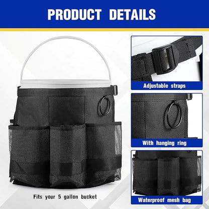 2 Pcs Bucket Organizer for 5 Gallon Car Wash Caddy Bucket Tool Bag with 6 Mesh Pockets for Cleaning Garden Fishing Tools, Bag Only