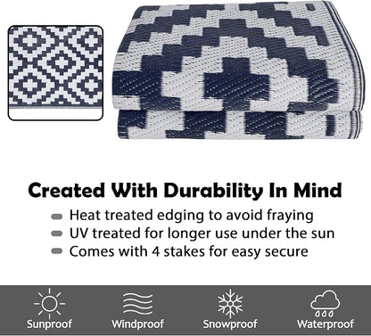 SAND MINE Reversible Mats, Plastic Straw Rug, Modern Area Rug, Large Floor Mat and Rug for Outdoors, RV, Patio, Backyard, Deck, Picnic, Beach, Trailer, Camping, Dark Blue & White, 5' x 8'