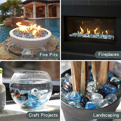 Mr. Fireglass 10 Pounds Blended Fire Glass Diamonds for Fireplace Fire Pit & Lanscaping - 1 inch High Luster Fire Rocks with Mixed Colors (Caribbean Blue+Crystal Ice+Amber) (Pack of 2)