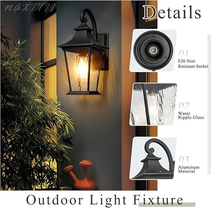 Outdoor Porch Light Waterproof Outdoor Wall Sconce Light with Water Ripple Glass Black Outdoor Light Fixtures Wall Mount 18 Inch Height E26 Socket