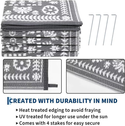 Garvee Reversible Outdoor Rug 5x8 for Patio, Waterproof Outdoor Area Rug, Boho Medallion Indoor Outdoor Carpet for Porch, Plastic Straw Rug for RV, Camping, Deck, Vintage Grey