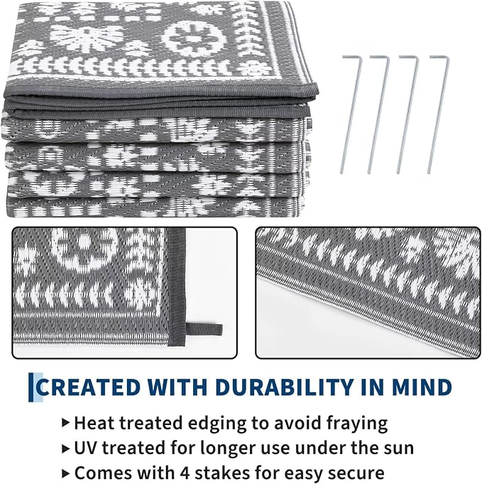 Garvee Reversible Outdoor Rug 9x12 for Patio, Waterproof Outdoor Area Rug, Modern Medallion Indoor Outdoor Rugs, Plastic Straw Rug for RV, Camping, Deck, Vintage Grey