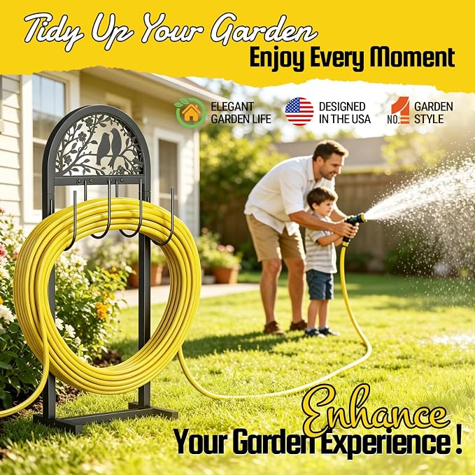 YQSLYSF Garden Hose Holder for Outside, Water Hose Reel Freestanding with 4 Stake, Heavy Duty Metal Hose Stand Storage Rack Holds 150Ft