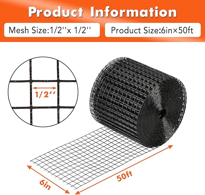 6in x 50ft Solar Panel Bird Guard & Critter Guard Mesh Kit, PVC Coated Wire Mesh Bird Wire with 60 Clips, 100 Cable Ties, Gloves, Pliers, DIY Bird Netting Solar Panel Bird Mesh Barrier