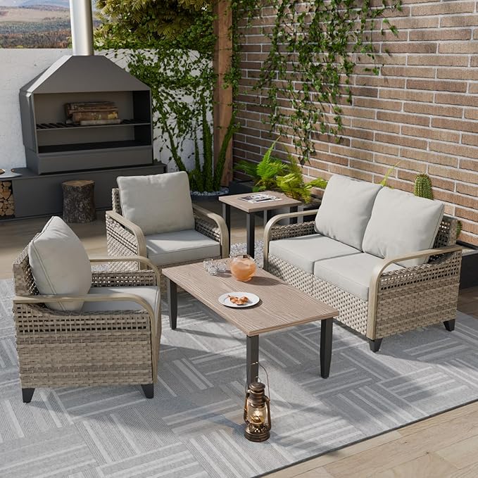 COOS BAY Modern Wicker Outdoor Furniture Set, Patio Conversation Set with Patio Chairs, 2 Seat Loveseat, Coffee Table and Side Table, 5 Piece, Brown/Gray