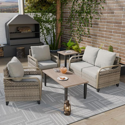 COOS BAY Modern Wicker Outdoor Furniture Set, Patio Conversation Set with Patio Chairs, 2 Seat Loveseat, Coffee Table and Side Table, 5 Piece, Brown/Gray