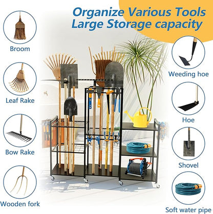 ROGMARS Garden Tool Organizer with Wheels for Garage,49" Heavy Duty 3 Tier Yard Tool Holder Storage Rack with Large Hooks for Shed/Yard/Broom/Lawn/Long-Handled Garden Cart