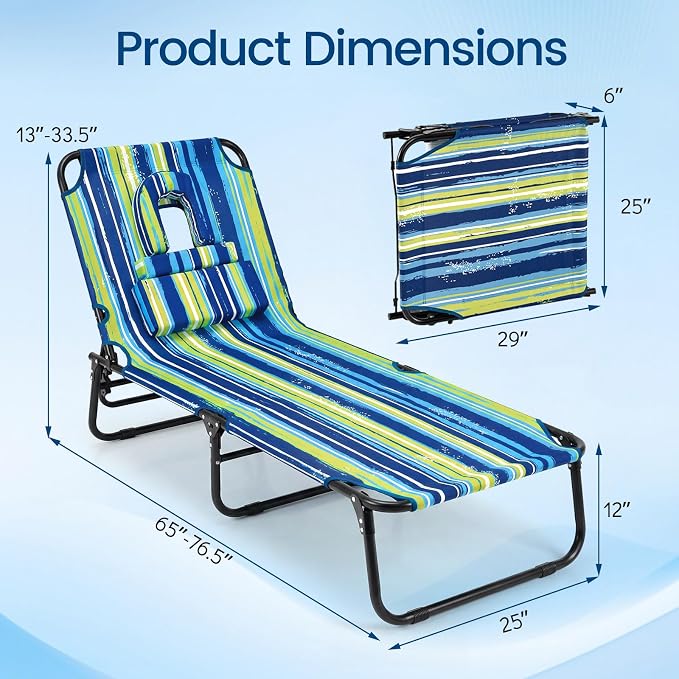 Giantex 350lbs Adjustable Patio Lounge Chair w/Face Hole, Removable Pillows, Carry Strap, Layout Chair, Folding Beach Chair, Outdoor Chaise Lounge for Poolside Lawn Tanning (1, Stripe)