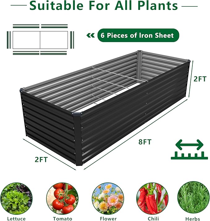 DIIYIV Galvanized Raised Garden Bed Kit Outdoor Patio,8x2x2ft Large Rectangular Metal Planter Boxes,Deep Root Box Planter for Gardening,Vegetables,Flowers,Herbs-Black