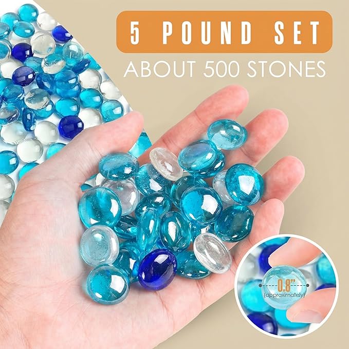 Houseables Glass Beads for Vases, Marbles for Vases, Glass Marbles, Blue & Clear Beads, Flat, Blue & Clear Gems, Filler, Crafts, Pebbles, Stones, Decorative Rocks, Plants, Flower, Fishbowl, 5LB, 500PC