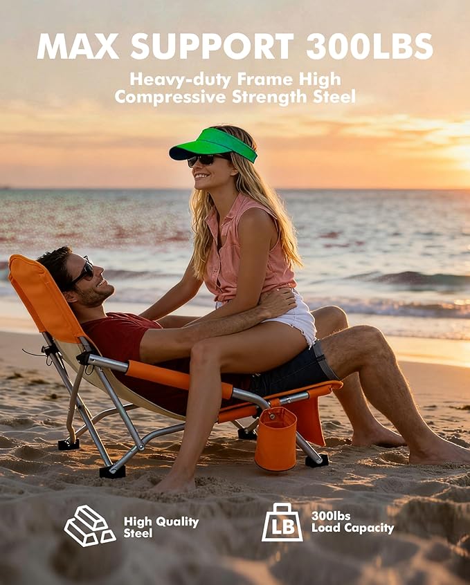AKSOUL Folding Beach Chair for Adults: Low/High Back Chairs with Carry Bag - Extra Wide Seat Chair with Comfortable Pillow & Storage Pocket (1 Pack & 2 Pack, Blue)