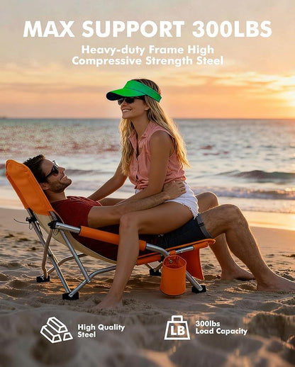 AKSOUL Folding Beach Chair for Adults: Low/High Back Chairs with Carry Bag - Extra Wide Seat Chair with Comfortable Pillow & Storage Pocket (1 Pack & 2 Pack, Blue)