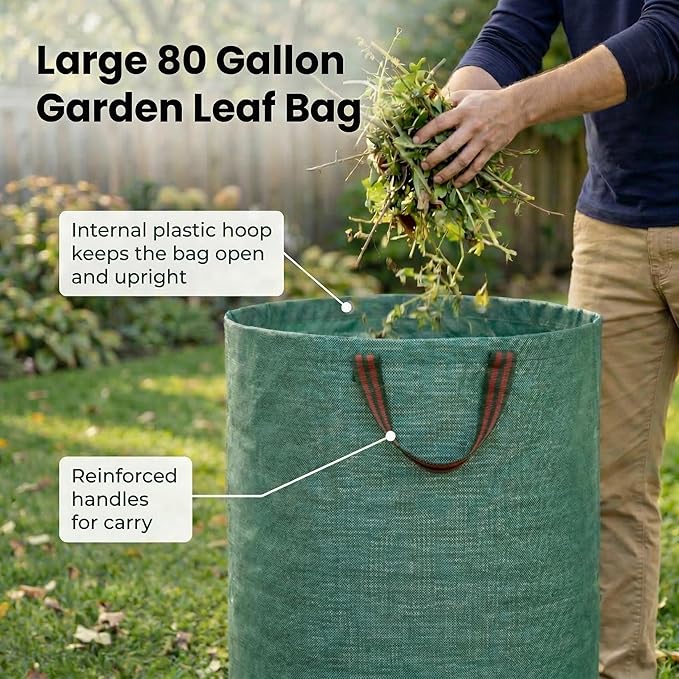 Gardzen 3-Pack 80 Gallon Yard Waste Bags, Reusable Heavy Duty Collapsible Garden Leaf Bags with Plastic Ring, Stand-Up Yard Waste Bin for Leaves, Lawn Debris & Grass Clippings