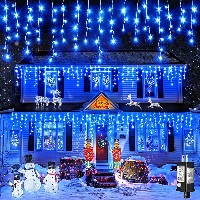 Icicle Christmas Lights Outdoor, 66 FT 640 LED Icicle Lights for Outside 8 Modes with 120 Drops, Plug in Waterproof Hanging Christmas Light for Holiday Pavilion Balcony Decorations, Blue