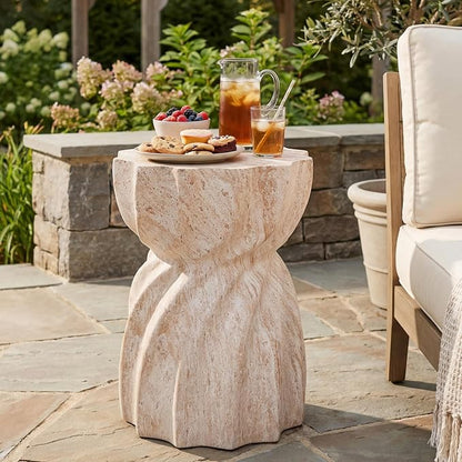 Christopher Knight Home 19.29 Inch Modern Outdoor Faux Concrete Side Table, Patio End Table with Fluted Hourglass Design, Accent Table for Garden Balcony Poolside