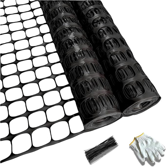 PotatoLife Plastic Mesh Fence Safety Fence, 2 Roll 4'x100' with 100 Zip Ties, Resuable Temporary Netting for Garden Fencing, Construction, Snow Fencing, Animal Barrier, Poultry, Deer, Patio, Black