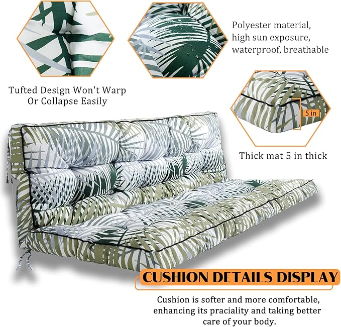 Swing Replacement Seat Cushions, 2-3 Seater Bench Cushions for Outdoor Furnitur with Backrest, Garden Recliner Seat Cushions Waterproof Sofa Pads (Green Leaves, 55x40in)