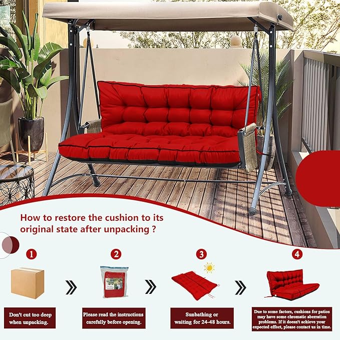 2/3 Seater Swing Replacement Cushion, Waterproof Porch Swing Cushions with Backrest, Thickened Bench Cushions for Outdoor Furniture, for Outdoor Patio Swing (Red, 55 * 40in)