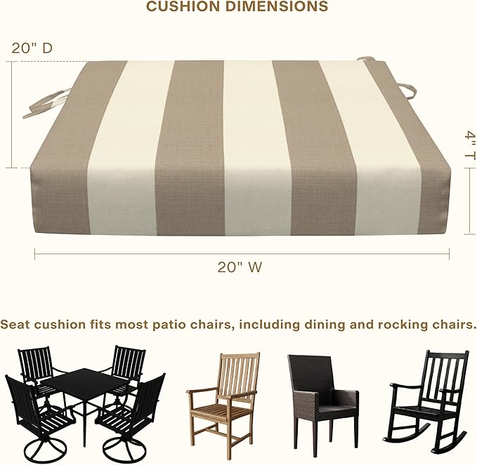 Honeycomb Outdoor Set of 2 Seat Pads, 20 x 20, Cabana Stripe Tan Dining Chair Cushions for Patio Furniture
