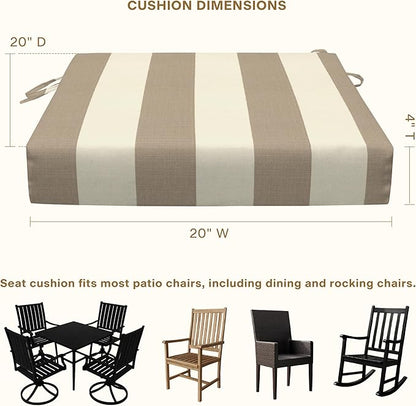 Honeycomb Outdoor Set of 2 Seat Pads, 20 x 20, Cabana Stripe Tan Dining Chair Cushions for Patio Furniture