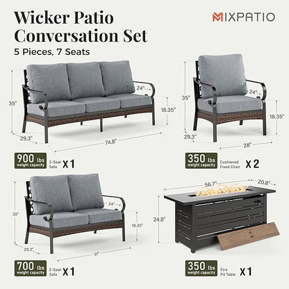 Patio Furniture Set with Firepit Table, Black Frame Outdoor Conversation Set with 2 x Fixed Chairs, 1 x 2-Seat Sofa, 1 x 3-Seat Sofa for Lawn Garden Backyard, Grey