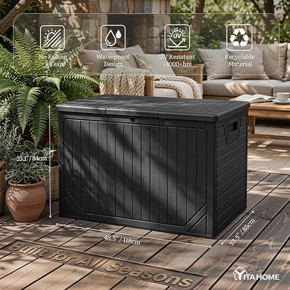 YITAHOME 230 Gallon Extra Large Outdoor Storage Box, Waterproof Double-Wall Deck Box with Hydraulic Piston for Garden Tools, Pool Accessories & Cushions, Resin Deck Organizer with Bench Seat(Black)