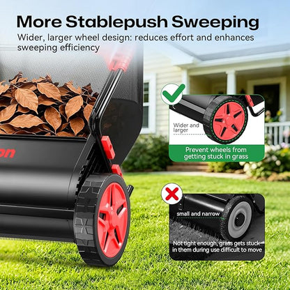 Push Lawn Sweeper, 26 Inch Leaf & Grass Collector, Strong Rubber Wheels & Heavy Duty Thickened Steel Durable to Use with Large Capacity 7 ft³ Mesh Collection Bag, 4 Spinning Brushes