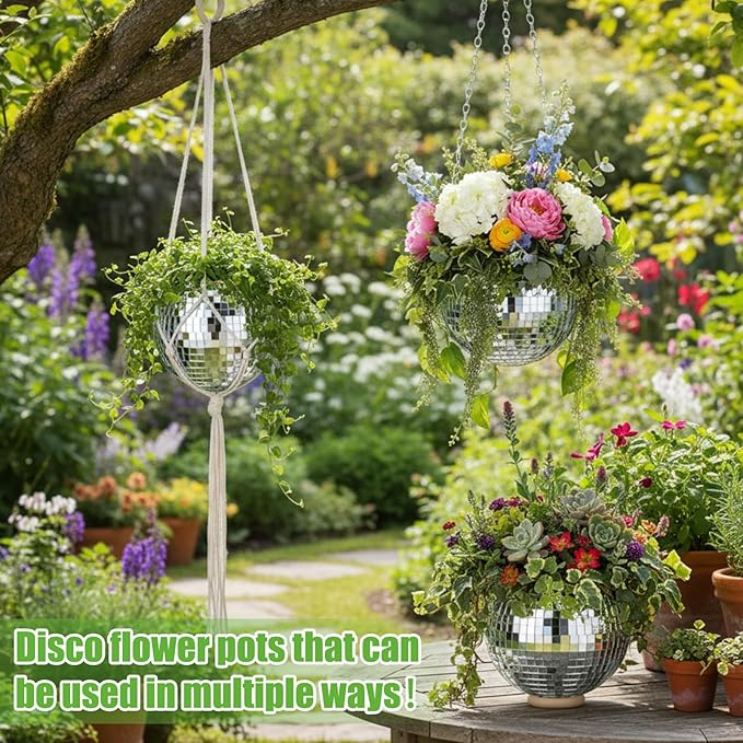 Novabright 2 Pcs 6" Self Watering Disco Ball Planters, Mirror Disco Ball Hanging Planter Flower Pots with Chain and Rope, Self Watering Insert, Wooden Hook for Stand for Desk and Extra Mirror Pieces