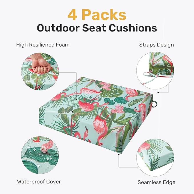 UNIKOME Outdoor Chair Cushions Pack of 4, Water Resistant Patio Cushions with Ties, High Density Sponge Filling Square Corner Seat Cushions for Outdoor Furniture, 24"*24"*4", Flamingos