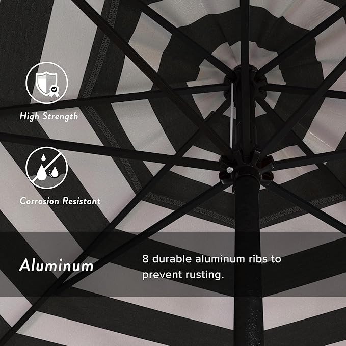 California Umbrella 9' Rd Aluminum Patio Umbrella, Crank Lift, Auto Tilt, Black Finish, Sunbrella Cabana Classic