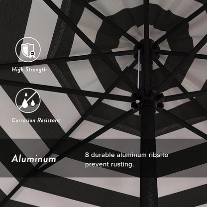 California Umbrella 9' Rd Aluminum Patio Umbrella, Crank Lift, Auto Tilt, Black Finish, Sunbrella Cabana Classic