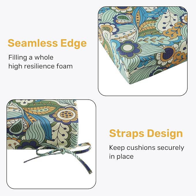UNIKOME Outdoor Chair Cushions Pack of 4, Water Resistant Patio Cushions with Ties, High Density Sponge Filling Square Corner Seat Cushions for Outdoor Furniture, 24"*24"*4", Sun Flower