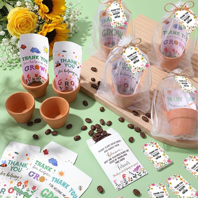 Reallnaive End of Year Teacher Gifts Thank You for Helping Me Grow Envelopes Seed Packets Include 24 Mini Terracotta Pots Seed Packets 24 Self Adhesive Envelopes Thank You Tags Gifts