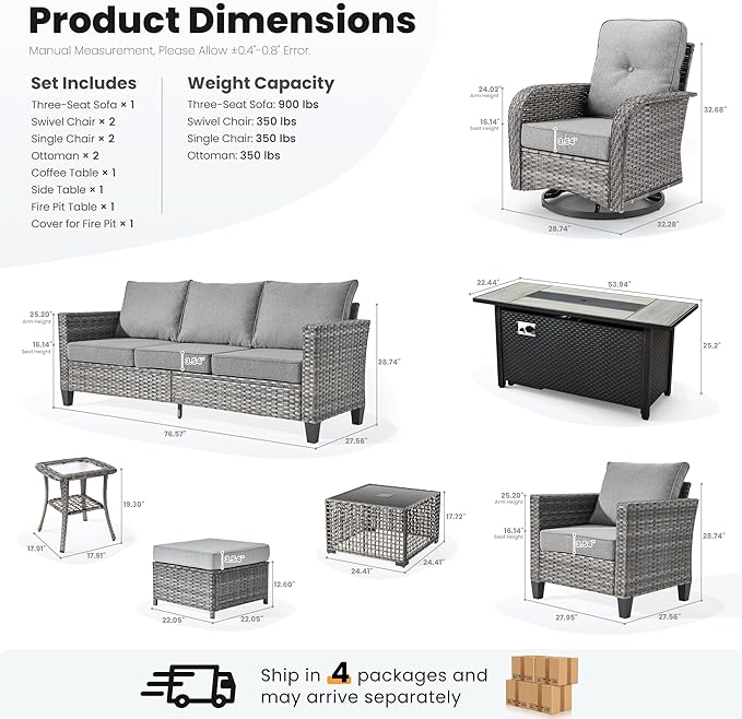 ovios 10 Pieces Patio Furniture Set, Outdoor Wicker Sofa Couch with Rocking Swivel Chairs Solar Lights Table Fire Pit, Modern Deep Seat Rattan Conversation Sets, Dark Grey