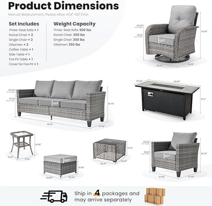 ovios 10 Pieces Patio Furniture Set, Outdoor Wicker Sofa Couch with Rocking Swivel Chairs Solar Lights Table Fire Pit, Modern Deep Seat Rattan Conversation Sets, Dark Grey