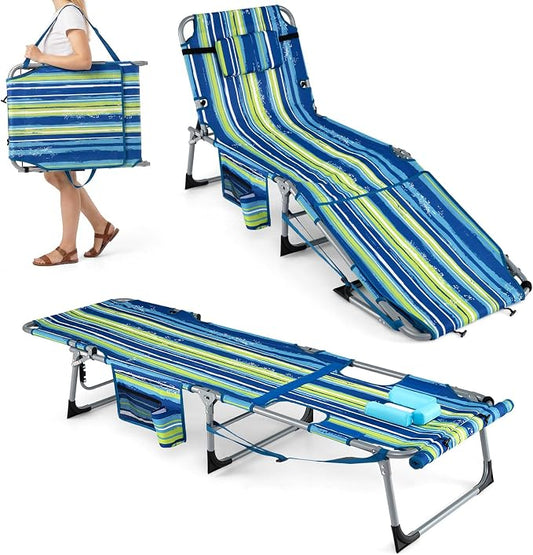 GYMAX Tanning Chair, 3 in 1 Sun Bathing Lounge Chairs with Face/Arm Holes & Side Pocket, Portable Lightweight Face Down Layout Tanning Chair for Outside, Beach, Backyard, Poolside (1, Blue Stripe)